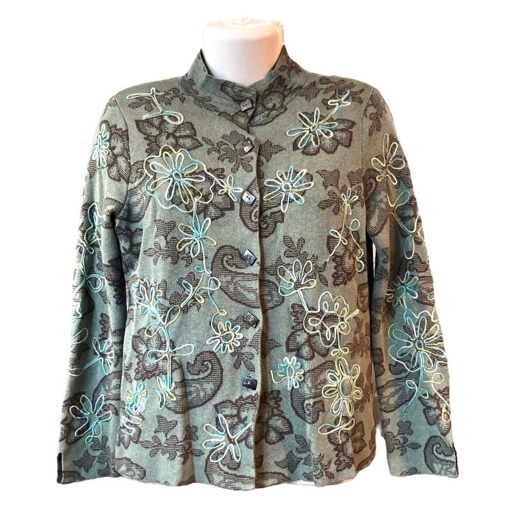 Sigrid Olsen Sport Women's Green Button Embroidered Floral Sweater Cardigan SZ S